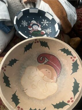 Hand-Painted Santa Holiday Bowl - Beige and Red two bowls